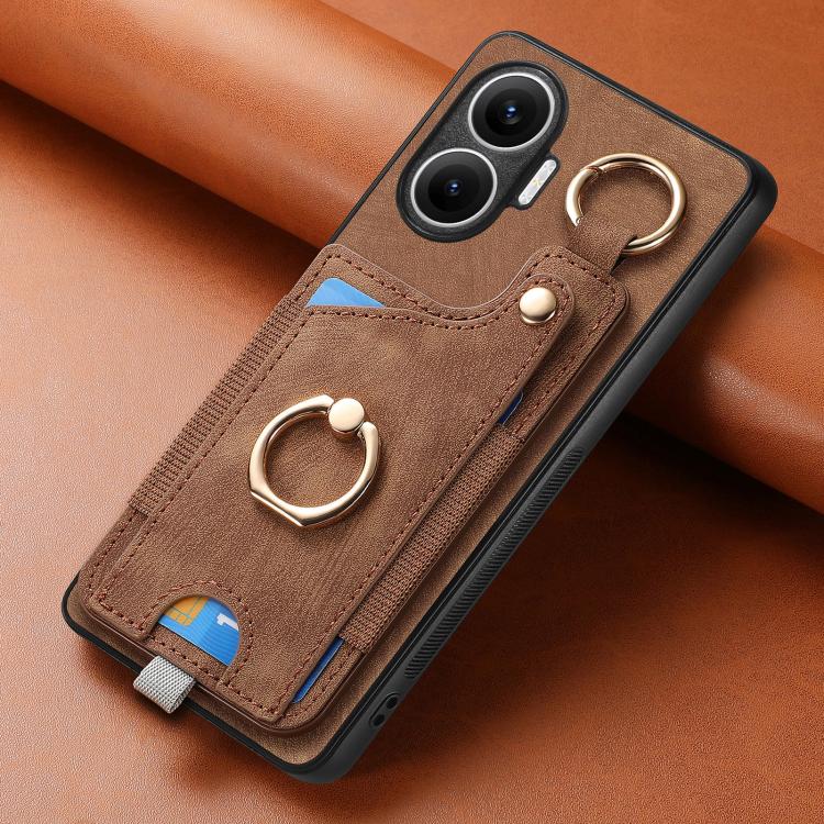 Funda para Redmi Turbo 4 Pro con diseño retro de piel sintética, con anillo y asa para colgar (marrón)