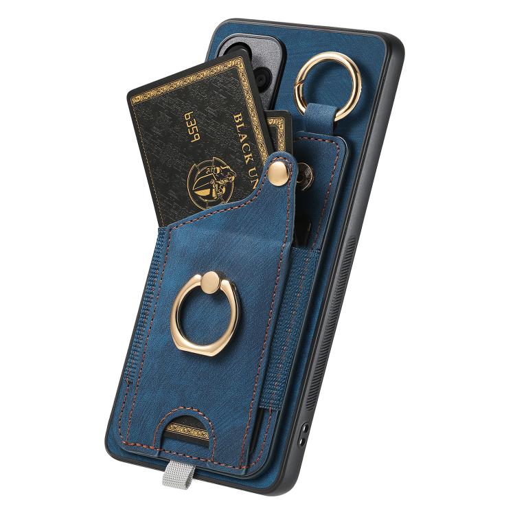 Funda para Redmi Turbo 4 Pro con diseño retro de piel sintética, con anillo y asa para colgar (azul)
