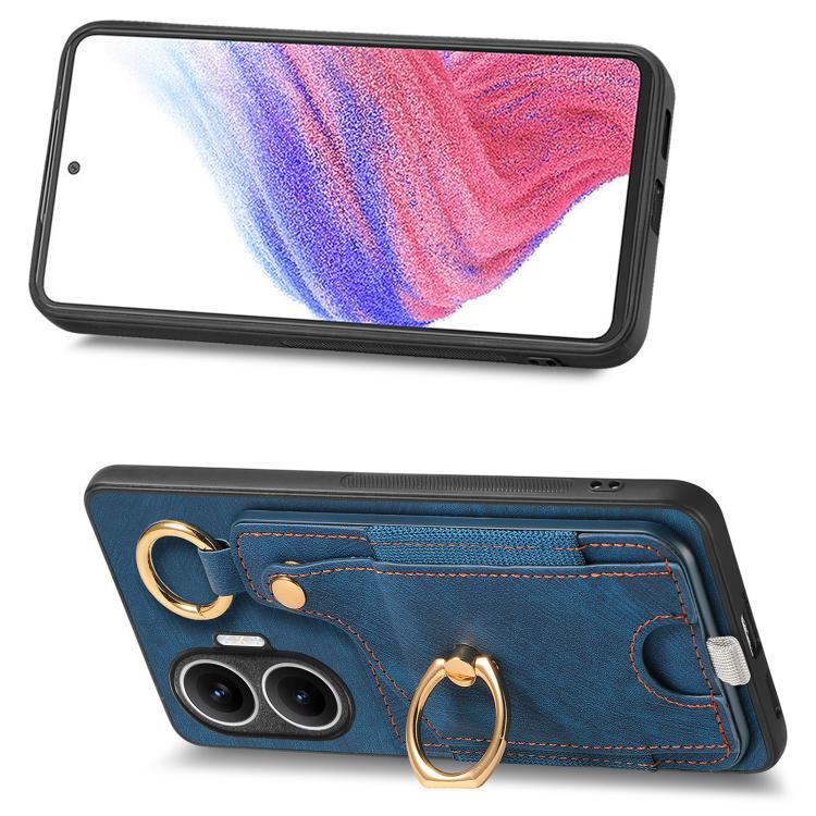 Funda para Redmi Turbo 4 Pro con diseño retro de piel sintética, con anillo y asa para colgar (azul)