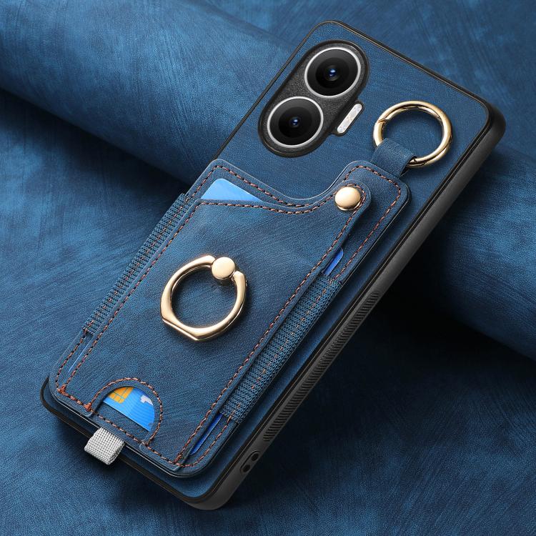 Funda para Redmi Turbo 4 Pro con diseño retro de piel sintética, con anillo y asa para colgar (azul)