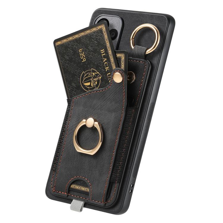 Funda para Redmi Turbo 4 Pro con diseño retro de piel sintética, con anillo y asa para colgar (negra)