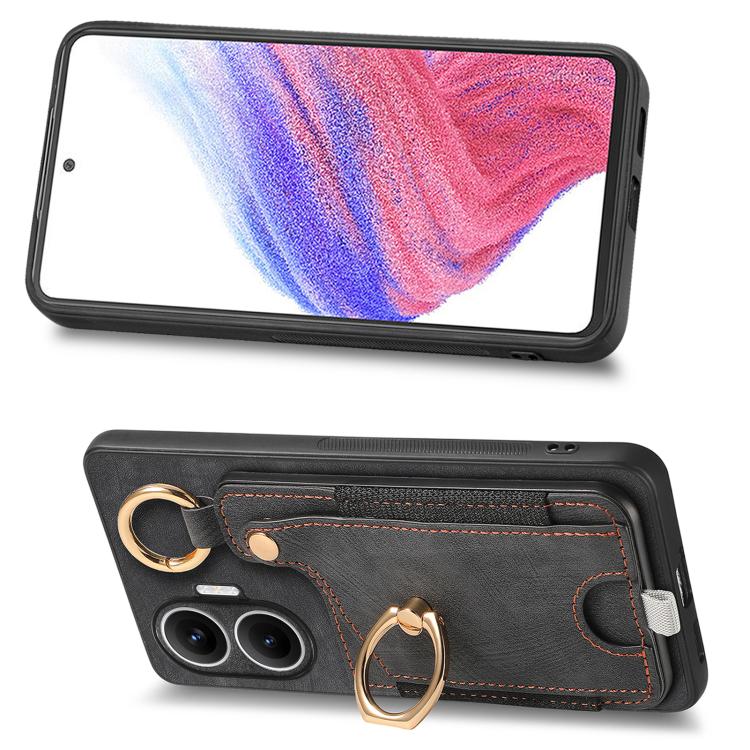 Funda para Redmi Turbo 4 Pro con diseño retro de piel sintética, con anillo y asa para colgar (negra)
