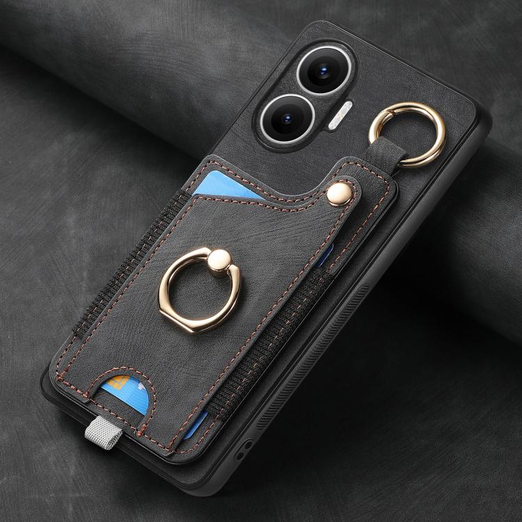 Funda para Redmi Turbo 4 Pro con diseño retro de piel sintética, con anillo y asa para colgar (negra)