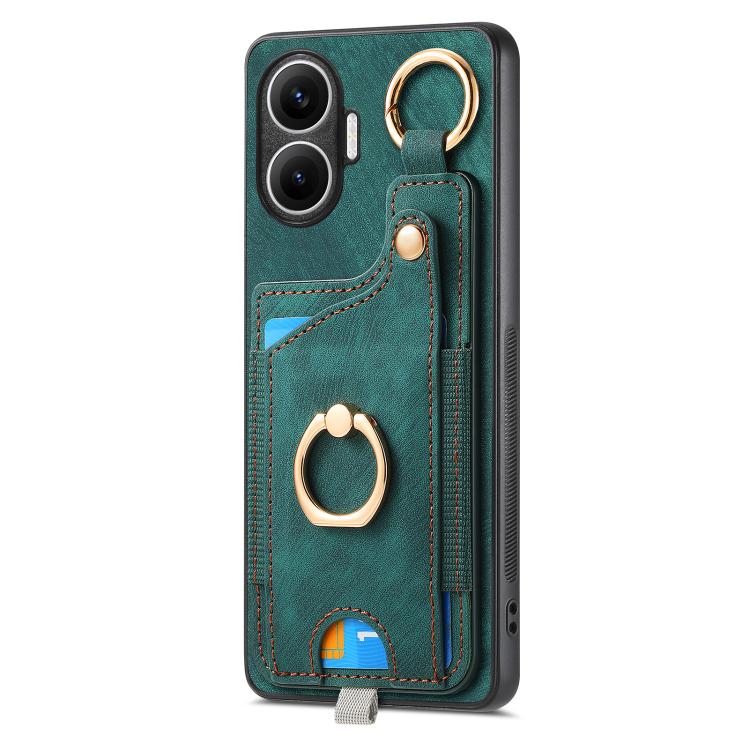 Funda para Redmi Turbo 4 Pro con diseño retro de piel sintética y anillo para tarjetas, con asa para colgar (verde)