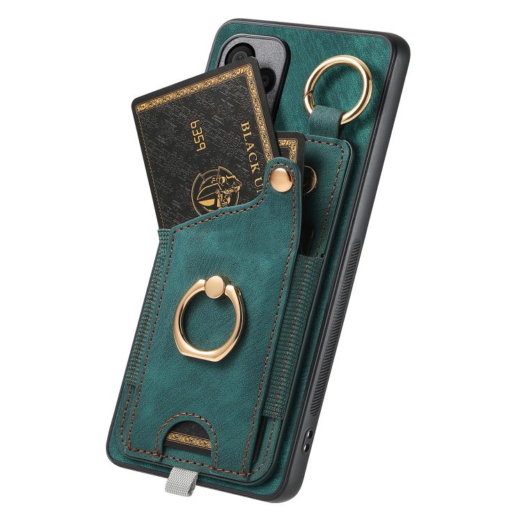 Funda para Redmi Turbo 4 Pro con diseño retro de piel sintética y anillo para tarjetas, con asa para colgar (verde)