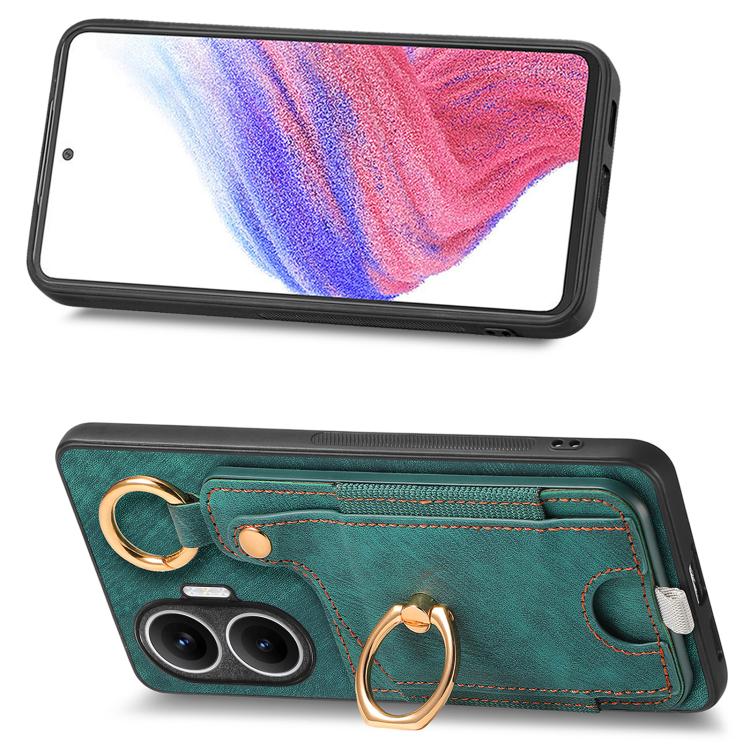 Funda para Redmi Turbo 4 Pro con diseño retro de piel sintética y anillo para tarjetas, con asa para colgar (verde)