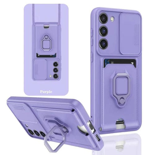 Funda de silicona con soporte magnético para tarjetas y cierre deslizante para Samsung Galaxy A56 5G (morado claro)
