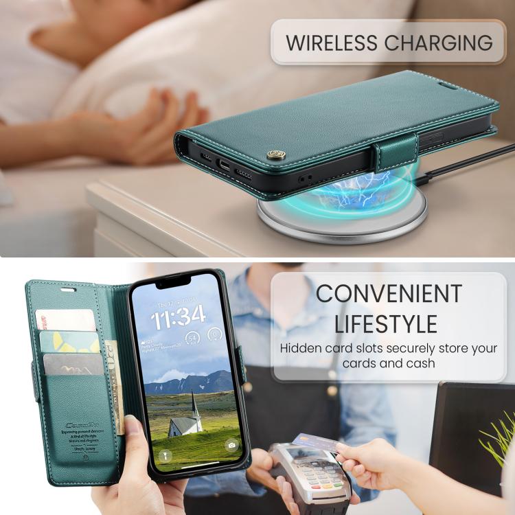 Funda para iPhone 16E Caseme 023 con Hebilla de Mariposa Textura de Lichi Antirrobo Rfid (Verde)