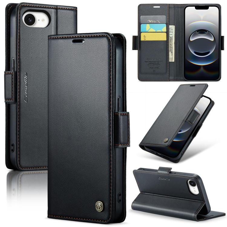 Funda para iPhone 16E Caseme 023 con Hebilla de Mariposa Textura de Lichi Antirrobo Rfid (Negro)