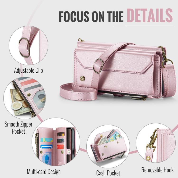 Funda de Cuero Antirrobo Caseme C36 para iPhone 16E con Ranuras y Billetera con Cremallera (Rosa)