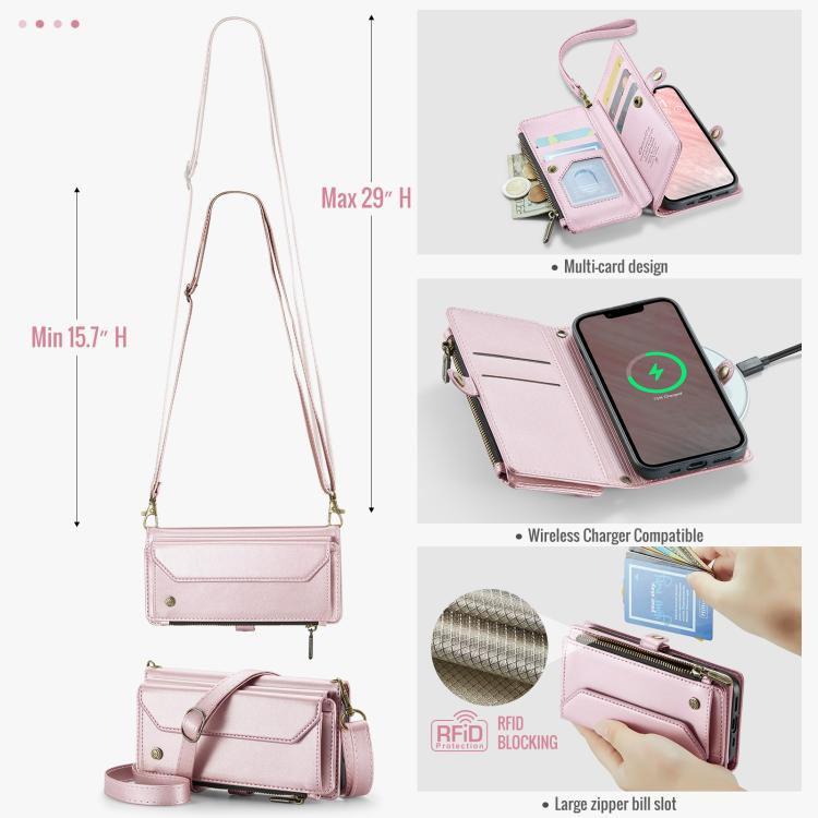 Funda de Cuero Antirrobo Caseme C36 para iPhone 16E con Ranuras y Billetera con Cremallera (Rosa)