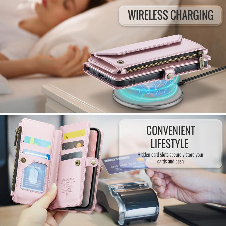 Funda de Cuero Antirrobo Caseme C36 para iPhone 16E con Ranuras y Billetera con Cremallera (Rosa)