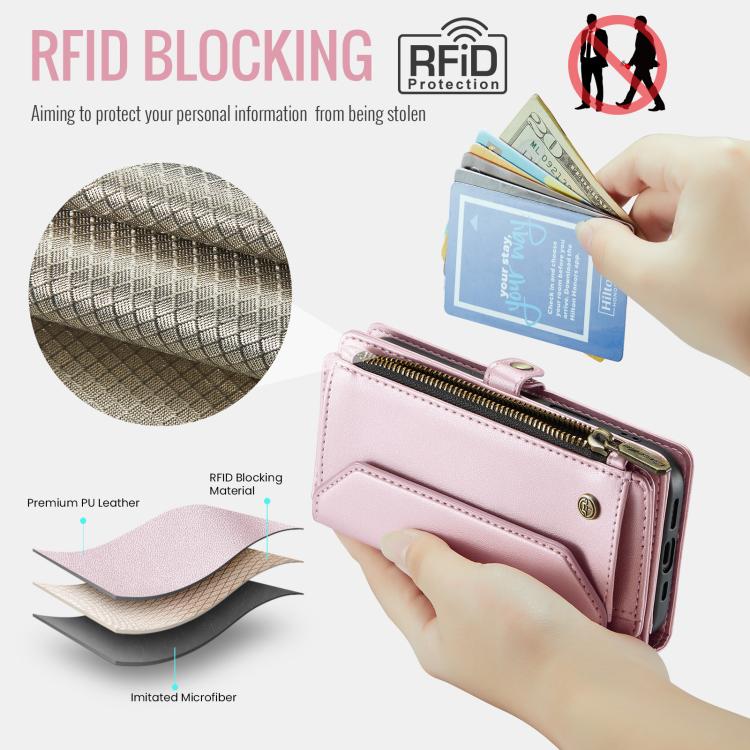 Funda de Cuero Antirrobo Caseme C36 para iPhone 16E con Ranuras y Billetera con Cremallera (Rosa)