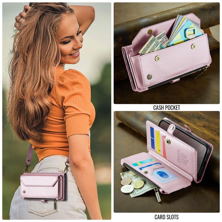Funda de Cuero Antirrobo Caseme C36 para iPhone 16E con Ranuras y Billetera con Cremallera (Rosa)