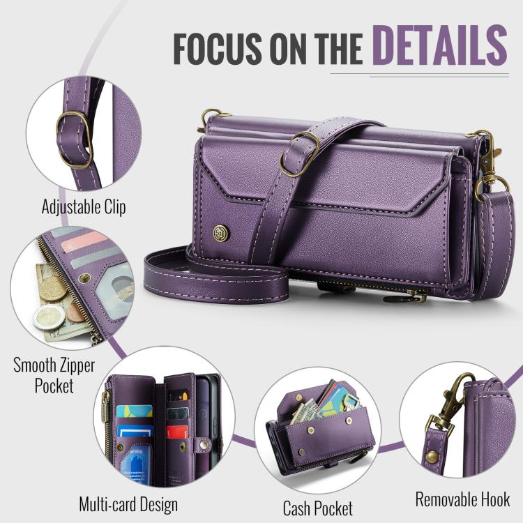 Funda de Cuero Antirrobo Caseme C36 para iPhone 16E con Ranuras y Billetera con Cremallera (Morado)