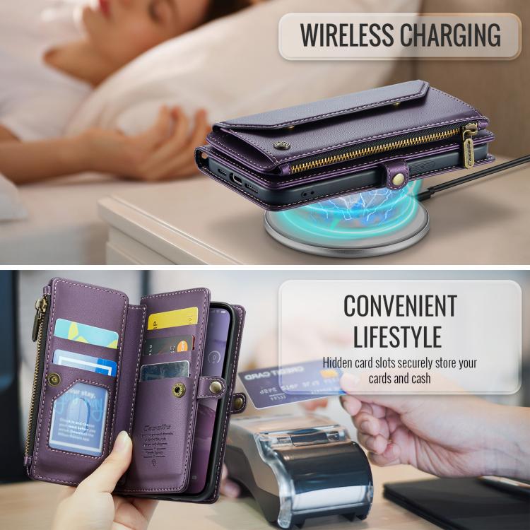 Funda de Cuero Antirrobo Caseme C36 para iPhone 16E con Ranuras y Billetera con Cremallera (Morado)