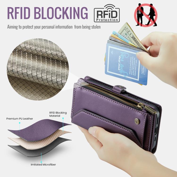 Funda de Cuero Antirrobo Caseme C36 para iPhone 16E con Ranuras y Billetera con Cremallera (Morado)