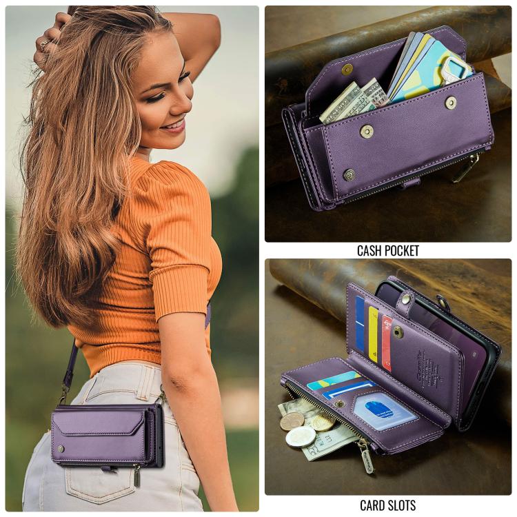 Funda de Cuero Antirrobo Caseme C36 para iPhone 16E con Ranuras y Billetera con Cremallera (Morado)