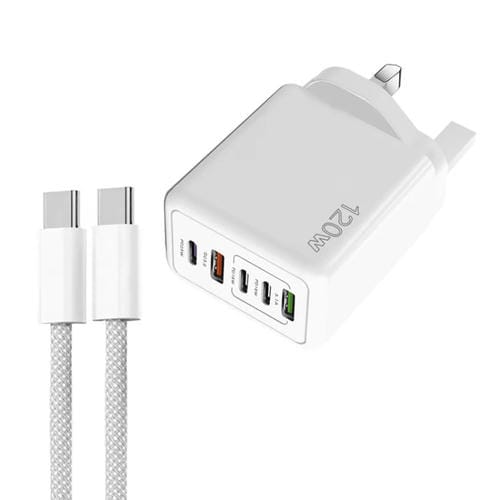 Cargador Rápido Multipuerto PD3.0 120W 3 USB Tipo C 2 USB con Cable Tipo C a Tipo C (Blanco) UK