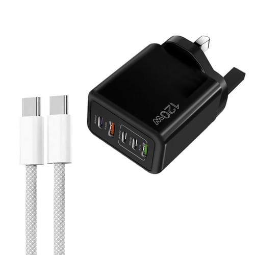 Cargador Rápido Multipuerto PD3.0 120W con 3 Puertos USB Tipo C y 2 USB + Cable Tipo C a Tipo C (Negro)