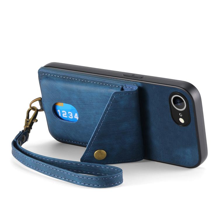 Funda de Cuero Plegable Tipo Billetera para iPhone 16E con Tarjetero y Correa (Azul)