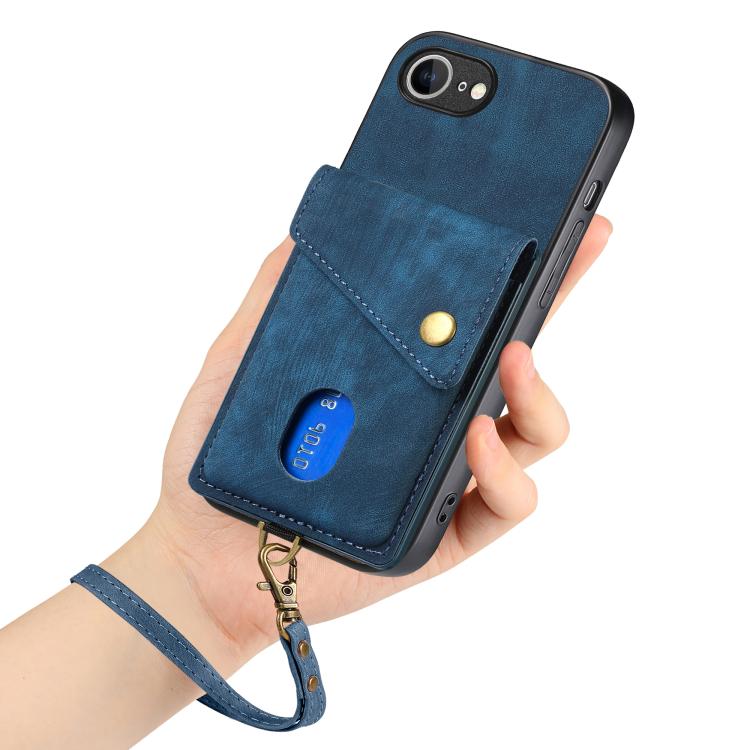 Funda de Cuero Plegable Tipo Billetera para iPhone 16E con Tarjetero y Correa (Azul)