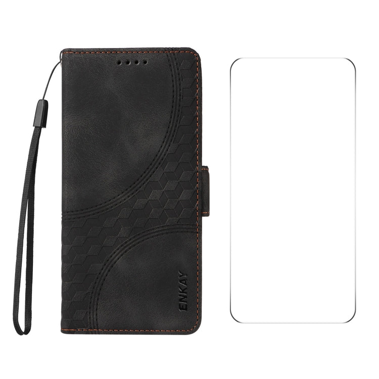 Funda de Cuero Enkay para iPhone 16E con Estampado de Rombos y Estrellas y Película Protectora (Negra)