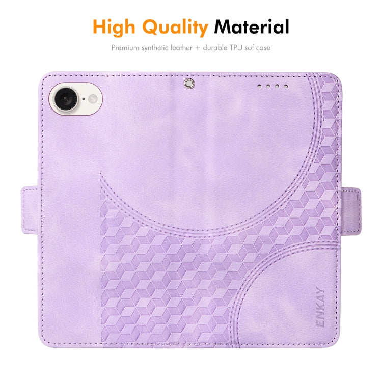Funda de Cuero Enkay para iPhone 16E con Estampado de Rombos y Estrellas y Película Protectora (Negra)