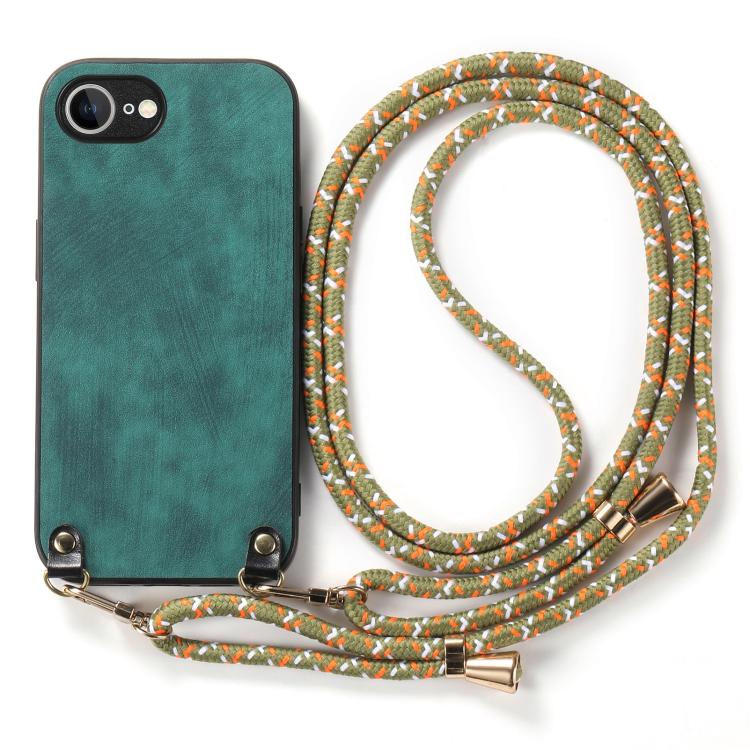 Funda de Cuero Vintage para iPhone 16E con Parte Trasera de Policarbonato y Correa Cruzada (Verde)
