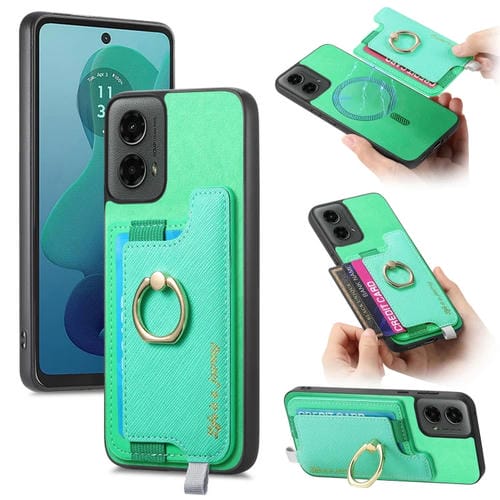Funda para Teléfono Motorola Moto G 5G 2024 con Tarjetero, Anillo de Cuero y Diseño Retro Magsafe (Verde)