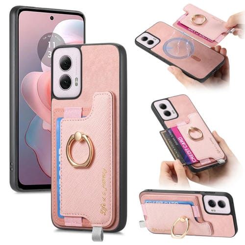 Funda para Teléfono Motorola Moto G Power 2024 5G con Tarjetero Anillo Cuero Retro (Rosa)
