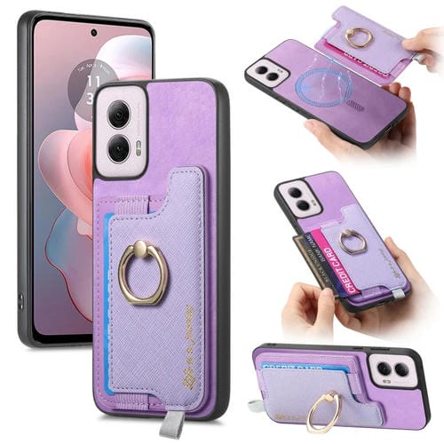 Funda para Teléfono Motorola Moto G Power 2024 5G con Tarjetero y Anillo de Cuero Retro (Morado)