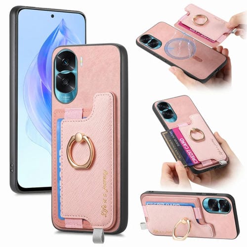 Funda para Teléfono Honor X50I con Tarjetero y Anillo de Cuero Retro Magsafe (Rosa)