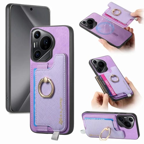 Funda para Teléfono Huawei Pura 70 Pro+ con Tarjetero y Anillo de Cuero Retro (Morado)