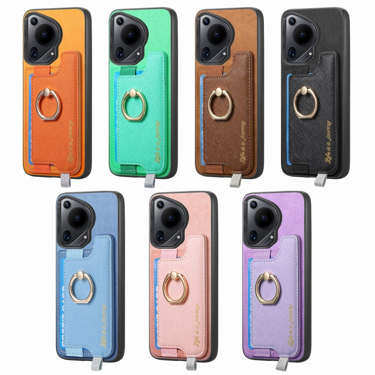Funda para Teléfono Huawei Pura 70 Ultra con Tarjetero y Anillo de Cuero Retro Magsafe (Azul)
