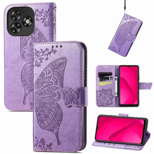 Funda de Cuero con Relieve Mariposa y Flor para Teléfono Oukitel C53 (Lavanda)