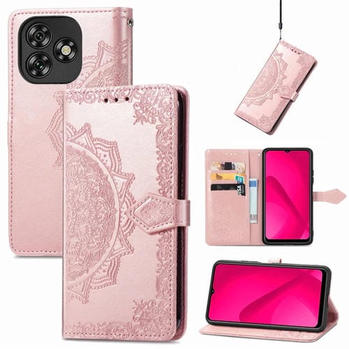 Funda de Cuero con Relieve Flor de Mandala para Teléfono Oukitel C53 (Oro Rosa)