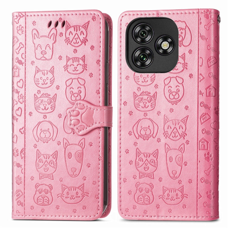 Funda de Piel con Relieve de Gato y Perro para Oukitel C53 (Rosa)