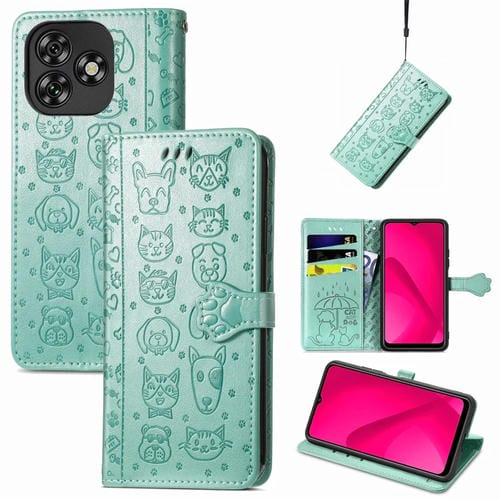 Funda de Piel con Relieve de Gato y Perro para Oukitel C53 (Verde)