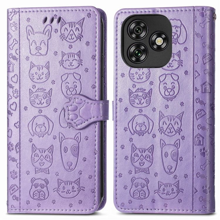 Funda de Piel con Relieve de Gato y Perro para Oukitel C53 (Morado)