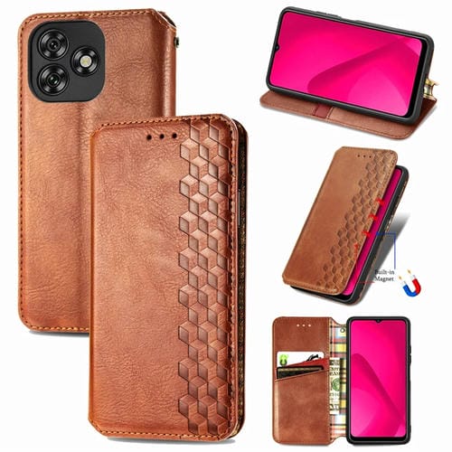 Funda de Cuero Magnética para Oukitel C53 con Diseño de Cuadrícula Cúbica (Marrón)