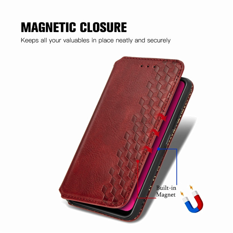 Funda de Cuero Magnética con Rejilla Cúbica para Teléfono Oukitel C53 (Roja)