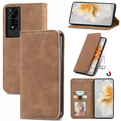 Funda de Cuero con Tapa Magnética para TCL 50 5G (Marrón)