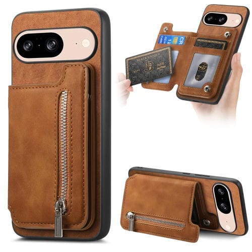 Funda para Teléfono Google Pixel 8 con Cremallera Magsafe, Tarjetero y Cartera (Marrón)