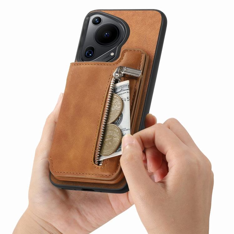 Funda para Teléfono Huawei Pura 70 Pro+ con Cremallera Magsafe, Tarjetero y Ranuras (Marrón)