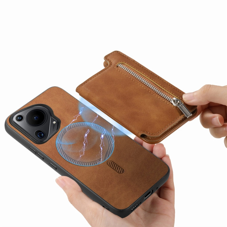 Funda para Teléfono Huawei Pura 70 Pro+ con Cremallera Magsafe, Tarjetero y Ranuras (Marrón)