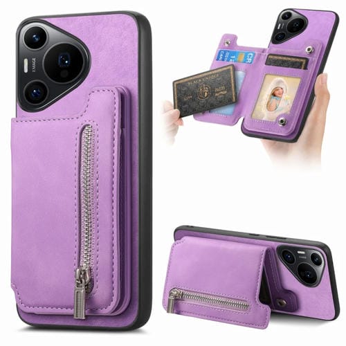 Funda para Teléfono Huawei Pura 70 Pro con Cremallera Magsafe Retro y Tarjetero (Morado)