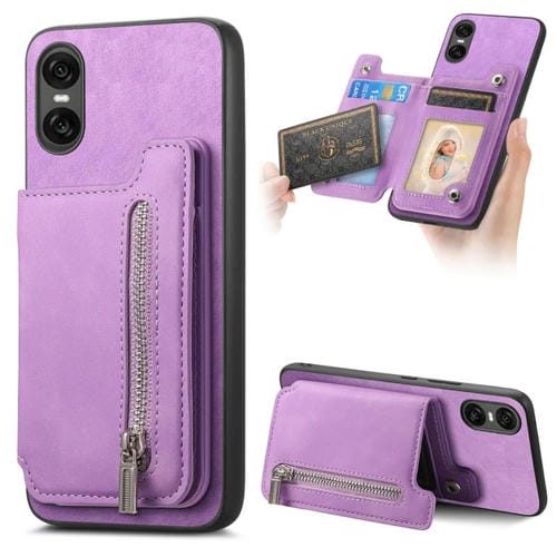Funda para Teléfono Sony Xperia 10 Vi con Cremallera Retro Magsafe y Tarjetero (Morado)