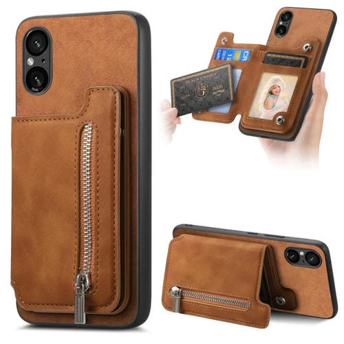 Funda para Teléfono Sony Xperia 5 V con Cremallera Retro Magsafe y Tarjetero (Marrón)