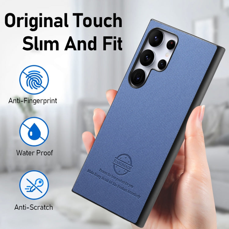Funda para Teléfono Samsung Galaxy S23 Ultra 5G Parte Trasera Piel de Cuero y Tela de Sarga (Azul)